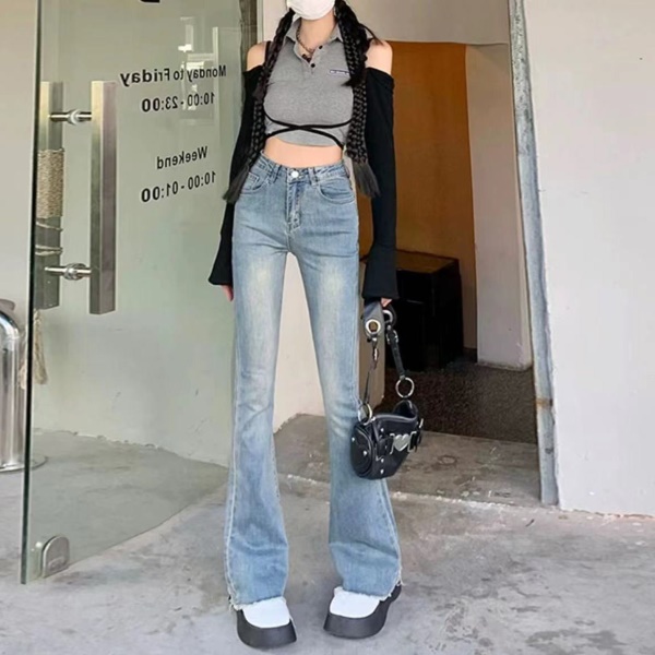 喇叭裤女2023年春秋新款高腰显瘦拖地毛边微喇牛仔裤女小个子春装