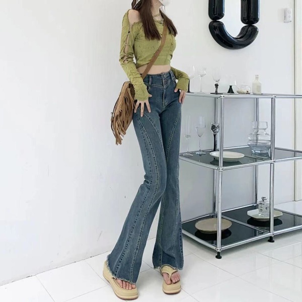 毛边微喇牛仔裤女春秋季2023年新款高腰修身显瘦阔腿裤喇叭长裤子