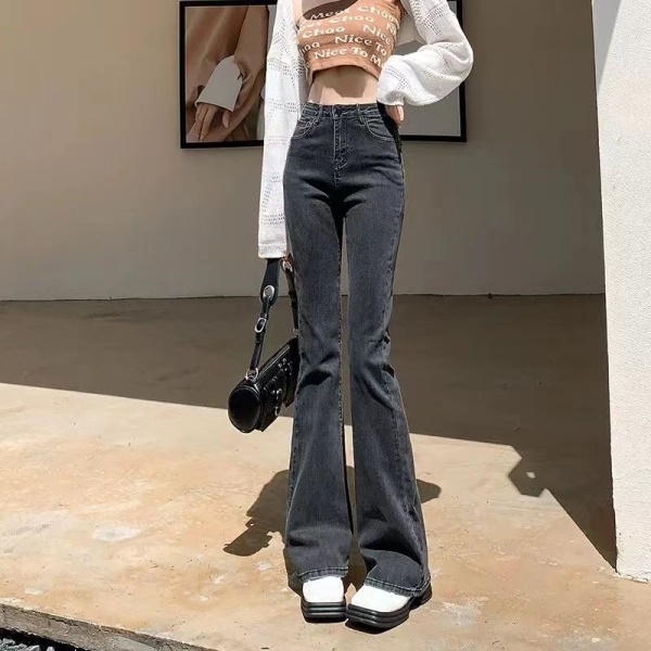 烟灰色微喇叭牛仔裤女2023年春秋季宽松阔腿垂感拖地小个子马蹄裤
